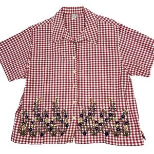 Vtg Women's XL Blouse Red Gingham Check Embroidered Floral Picnic Boxy Cotton